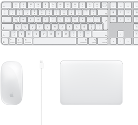 Vista desde arriba de un Magic Mouse, un cable USB-C, un Magic Trackpad y un Magic Keyboard con teclado numérico