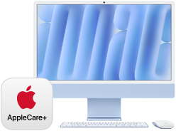 Logo de AppleCare+ junto a una iMac mirando hacia el frente y un Magic Keyboard y un Magic Mouse a juego