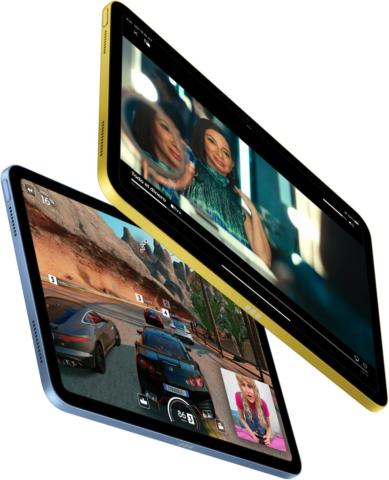 Se muestra Apple TV+ y un juego con SharePlay en el iPad.