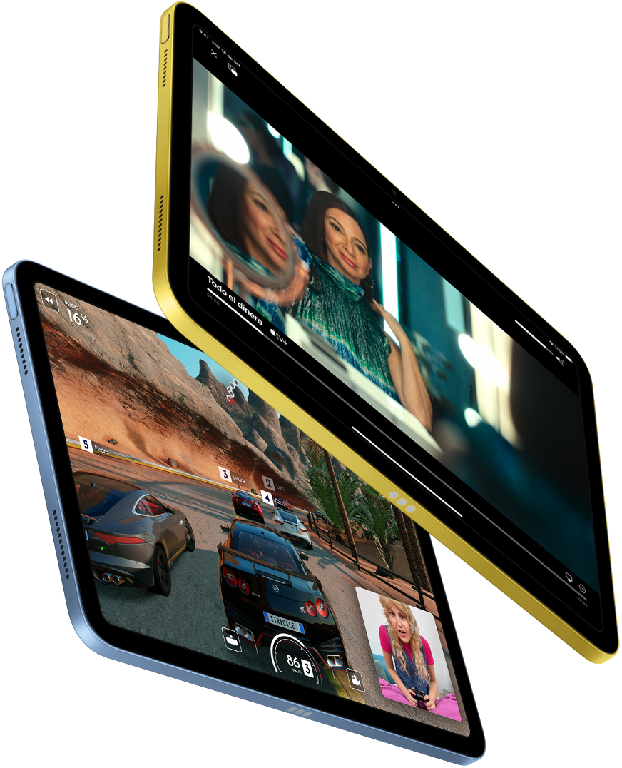 Se muestra Apple TV+ y un juego con SharePlay en el iPad.