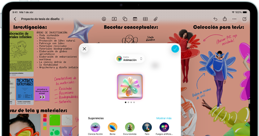 iPad Air, parte frontal, orientación horizontal, botones de volumen, botón de encendido, la pantalla muestra una interfaz de app colorida con varios íconos