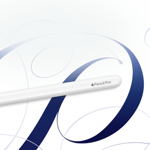 Apple Pencil Pro blanco sobre un fondo blanco con ondulaciones azules
