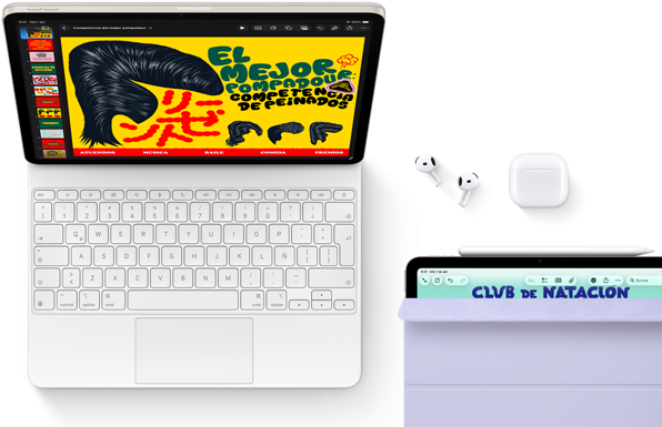 iPad Air, blanco estelar, con gráficos coloridos en la pantalla, conectado a un Magic Keyboard, con Airpods Pro y Apple Pencil Pro como accesorios