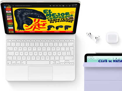 iPad Air, blanco estelar, con gráficos coloridos en la pantalla, conectado a un Magic Keyboard, con Airpods Pro y Apple Pencil Pro como accesorios