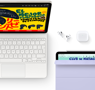 iPad Air, blanco estelar, con gráficos coloridos en la pantalla, conectado a un Magic Keyboard, con Airpods Pro y Apple Pencil Pro como accesorios