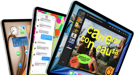 Pantallas de tres iPad Air dispuestos en forma de abanico, colores: azul, morado, blanco estelar, parte frontal, parte lateral, las apps que se muestran en la pantalla incluyen Keynote, Mensajes y la pantalla de inicio