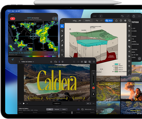 iPad Pro, parte frontal, posición horizontal, negro espacial, un Apple Pencil en la parte superior del dispositivo, la pantalla muestra varias ventanas de apps en mosaico, como Final Cut Pro con varias funcionalidades de edición de video y la línea de tiempo, Mapas, Notas y diferentes archivos multimedia