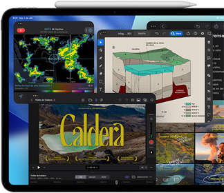 iPad Pro, parte frontal, posición horizontal, negro espacial, un Apple Pencil en la parte superior del dispositivo, la pantalla muestra varias ventanas de apps en mosaico, como Final Cut Pro con varias funcionalidades de edición de video y la línea de tiempo, Mapas, Notas y diferentes archivos multimedia