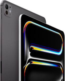 iPad Pro, parte lateral posterior, negro espacial, botones de volumen y sistema de cámaras Pro, iPad Pro, parte lateral frontal, color plata, esquinas redondeadas, marco de la pantalla negro, la pantalla muestra un fondo negro con arte lineal de muchos colores