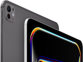 iPad Pro, parte lateral posterior, negro espacial, botones de volumen y sistema de cámaras Pro, iPad Pro, parte lateral frontal, color plata, esquinas redondeadas, marco de la pantalla negro, la pantalla muestra un fondo negro con arte lineal de muchos colores