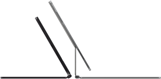 Dos dispositivos iPad Pro conectados a un Magic Keyboard, parte lateral, perfil delgado, color negro espacial con bocinas y puerto USB-C, inclinado y parcialmente abierto, color plata, abierto, inclinado hacia atrás para mostrar el diseño flotante del teclado, bocinas y micrófono