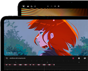 iPad Pro de 13 pulgadas y iPad Pro de 11 pulgadas, parte frontal, posición horizontal, negro espacial, esquinas redondeadas, marco de la pantalla negro, la pantalla de 11 pulgadas muestra una imagen en vibrantes colores de un personaje con el pelo rojo, la pantalla de 13 pulgadas muestra elementos coloridos de interfaz de edición de fotos