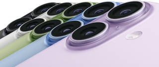 iPhone 17, parte posterior, sistema de dos cámaras Fusion, los cinco colores se superponen: negro, blanco, salvia, azul neblina y lavanda