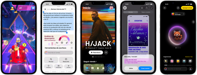 Dispositivos iPhone 17e uno al lado del otro que muestran diferentes pantallas: un juego, Herramientas de Escritura, app Apple TV, la creaci&oacute;n de un evento en el calendario, la creaci&oacute;n de un Genmoji