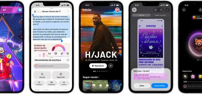 Dispositivos iPhone 17e uno al lado del otro que muestran diferentes pantallas: un juego, Herramientas de Escritura, app Apple TV, la creaci&oacute;n de un evento en el calendario, la creaci&oacute;n de un Genmoji