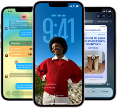 Tres dispositivos iPhone 17e, se muestra la app Mensajes con el diseño de Liquid Glass, una pantalla bloqueada dinámica e Inteligencia Visual en uso