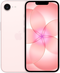 Uno al lado del otro, iPhone 17e, parte posterior, color rosa p&aacute;lido, sistema de c&aacute;mara Fusion en la esquina superior izquierda, iPhone 17e, parte frontal, dise&ntilde;o todo pantalla