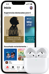 iPhone 17e, parte frontal, app Apple Music con la pantalla de inicio abierta, junto a unos AirPods Pro 4 en un estuche de carga MagSafe abierto