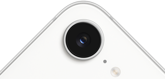 iPhone 17e, vista parcial de la parte posterior, color blanco, c&aacute;mara Fusion en la parte superior