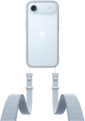 iPhone Air, parte posterior, azul cielo, sistema de cámara Fusion en la parte superior, logo de Apple en el centro, correa cruzada con bumper gris claro puesto