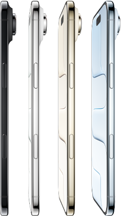 iPhone Air, parte lateral, los cuatro acabados: azul cielo, color oro claro, blanco nube, negro espacial; perfil muy delgado, sistema de cámara Fusion, botones: lateral, Control de la Cámara